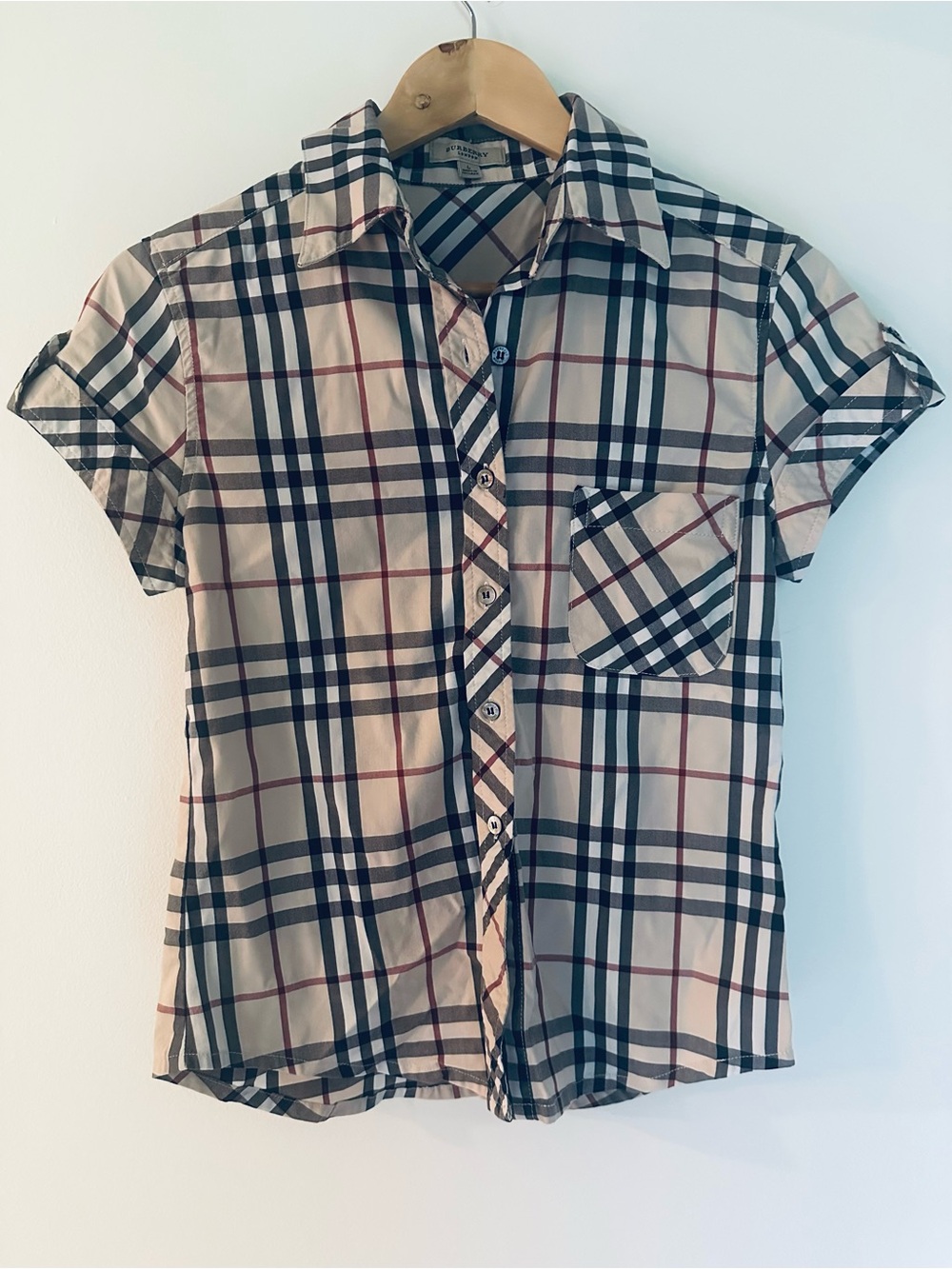 Burberry London kids Beige Check Short Sleeve Button Front Shirt L 34736